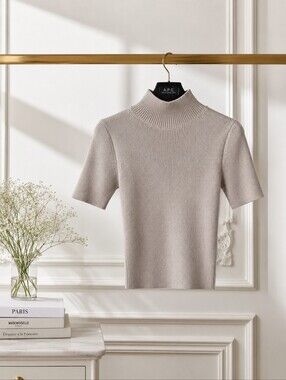 Zara Ribbed Mock Neck Knit Top | Beige | Short Sleeve | Size S